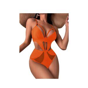 MakeMeChic - Cutout Mesh Insert Strappy 1 Pc Monokini Swimsuit - Orange - XL